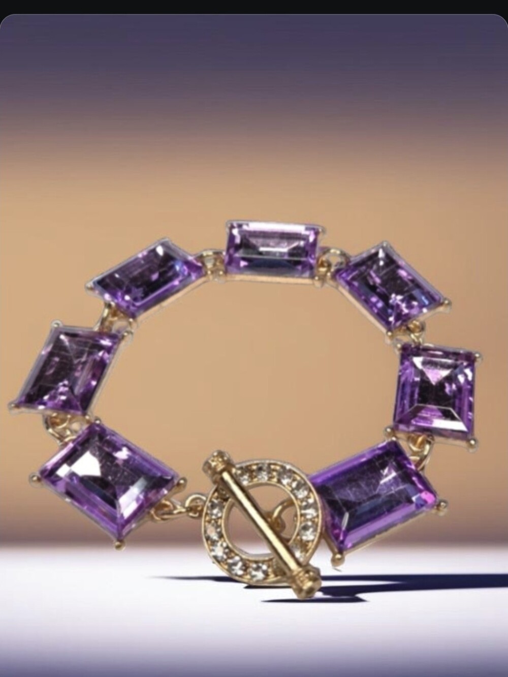 Chunky Gold Sparkling Purple Amethyst  Crystal Toggle Bracelet